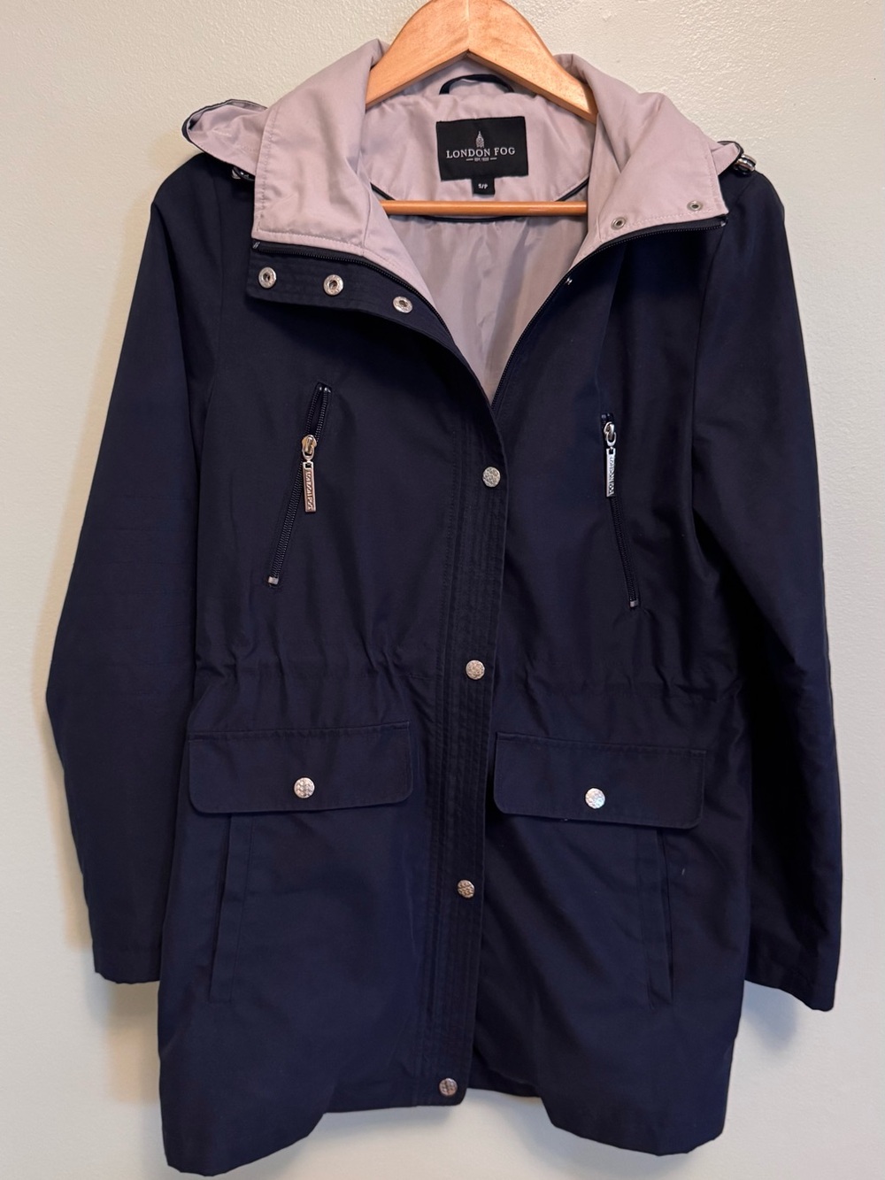 London Fog Navy Trench Coat with Light Gray Hood Lining